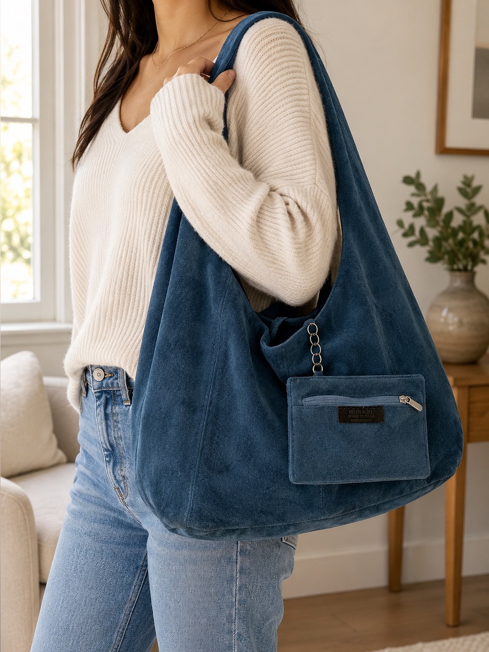 MUNARI Italian Blue Suede Hobo Shoulder Bag
